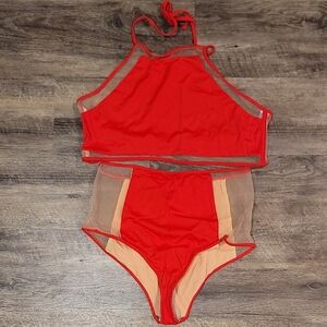 New!!! ASOS Red and Tan 2-Piece Bikini with Halter Neck and High Waisted Design
